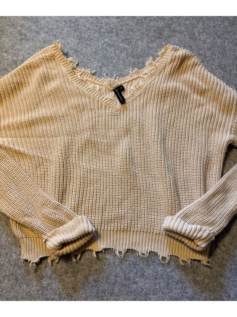 moon & madison Distressed V-Neck Knit Sweater in Cream